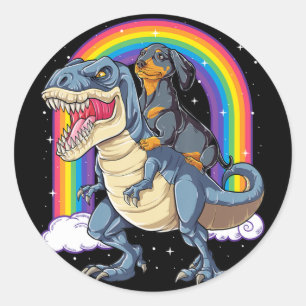Dackel Riding Dinosaur T Rex Geschenke Jungen Kind Runder Aufkleber