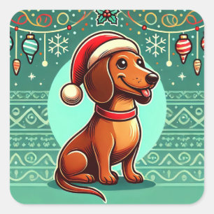 🎄 Dackel Santa Hut Festive Weihnachts Hund Kunst Quadratischer Aufkleber
