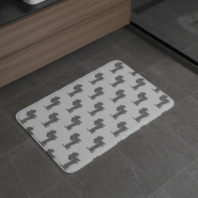 Dackel Schwarz & Grau Bad Décor Bath Mat Rug Badematte (Grey on gray bathroom shower mat for dachshund dads or modern style with a dachshund twist)