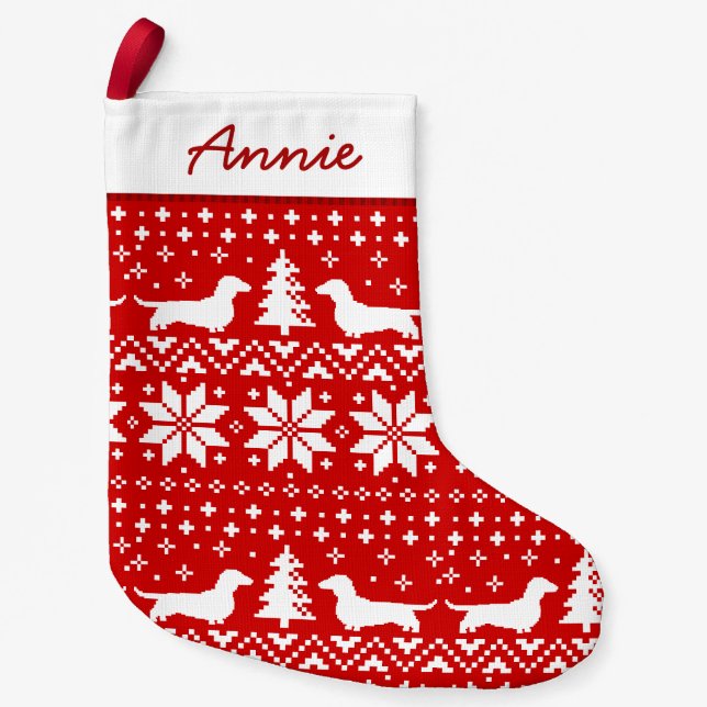 Dackel Silhouetten Muster Rot und Weiß Niedlich Kleiner Weihnachtsstrumpf (Vorderseite)