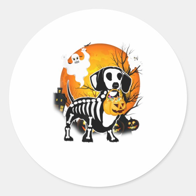 Dackel Skeleton Halloween Happy Pumpkin Runder Aufkleber (Vorderseite)