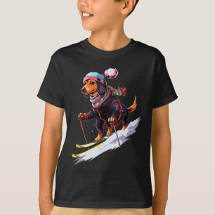 Dackel Skifahren Hunde Skifahren Ski Winterschnee  T-Shirt
