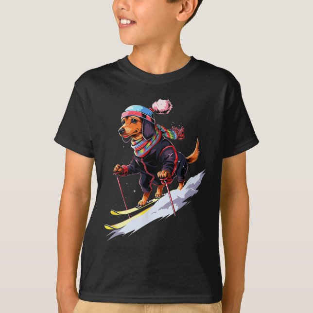 Dackel Skifahren Hunde Skifahren Ski Winterschnee  T-Shirt (Vorderseite)