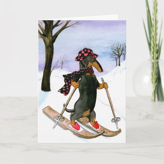 Dackel Skifahren Weihnachtskarte Feiertagskarte (Vorderseite)