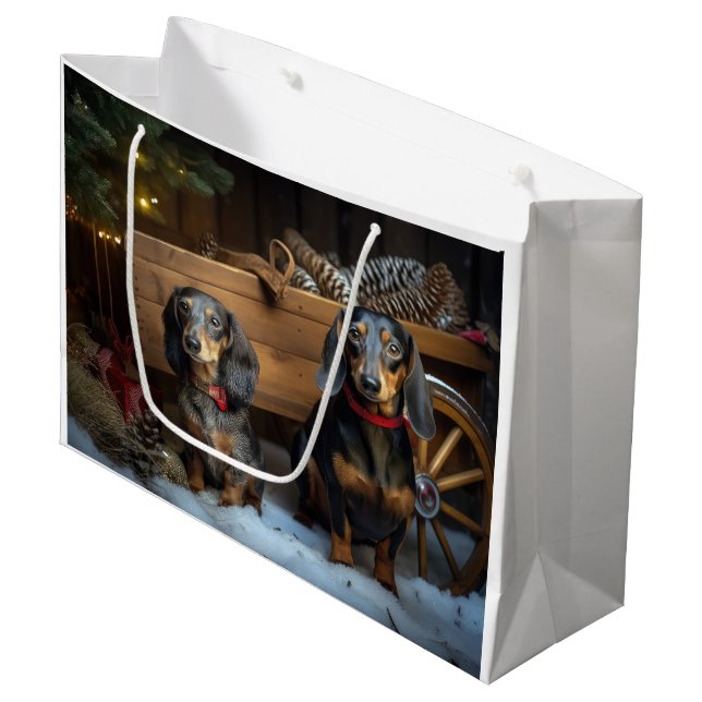 Dackel Snowy Sleigh Weihnachtsdekor Große Geschenktüte (Vorderseite Schrägansicht)
