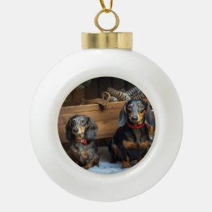 Dackel Snowy Sleigh Weihnachtsdekor Keramik Kugel-Ornament