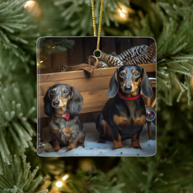 Dackel Snowy Sleigh Weihnachtsdekor Keramikornament (Baum)