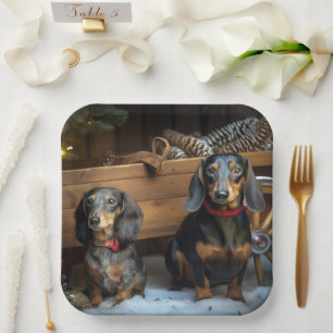 Dackel Snowy Sleigh Weihnachtsdekor Pappteller