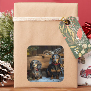 Dackel Snowy Sleigh Weihnachtsdekor Quadratischer Aufkleber