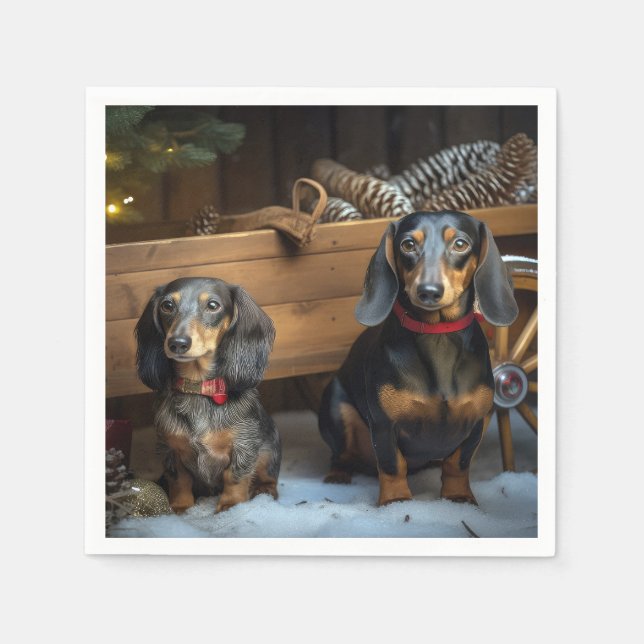 Dackel Snowy Sleigh Weihnachtsdekor Serviette (Vorderseite)