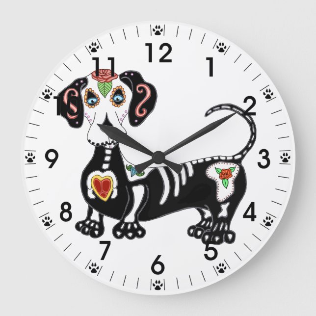 Dackel Sugar Skull Große Wanduhr (Vorderseite)