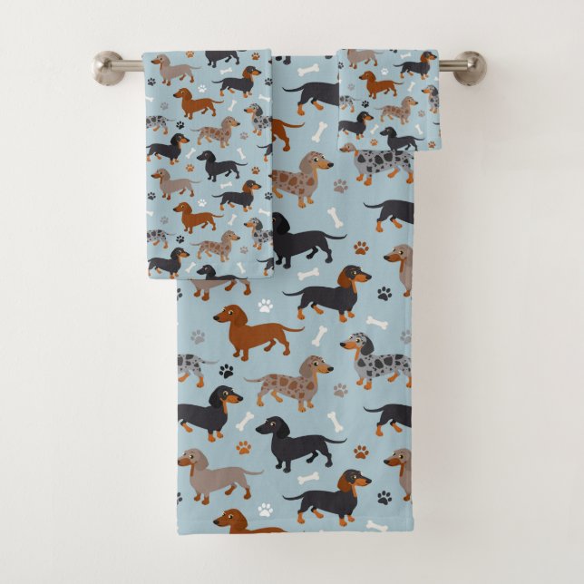 Dackel-Tatzen-und Knochen-Muster-Blau Badhandtuch Set (Insitu)