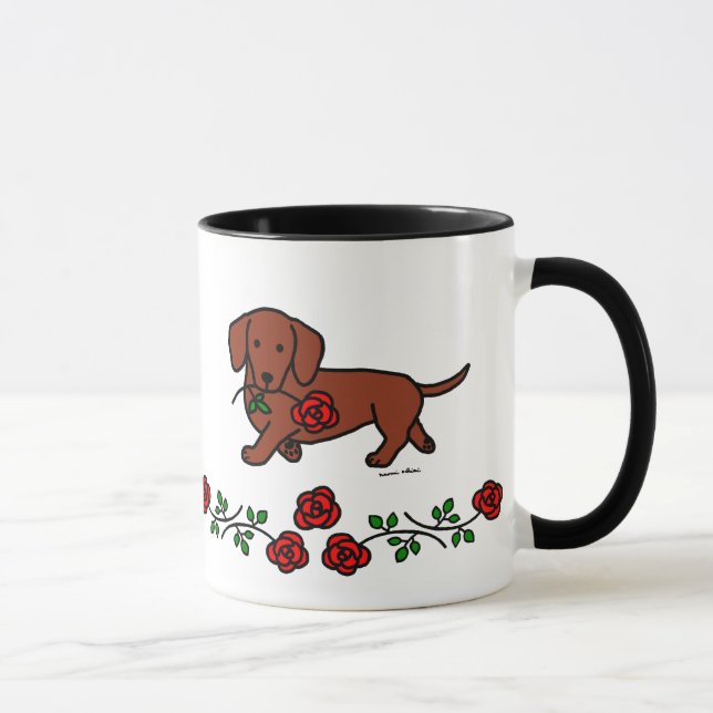Dackel und ein Blumen-Cartoon Tasse (Rechts)
