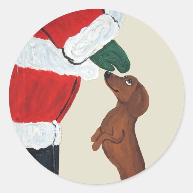 Dackel und Santa Runder Aufkleber (Vorderseite)