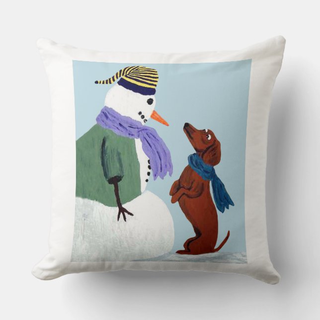 Dackel und Schnee-Mann Kissen (Vorderseite)
