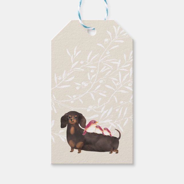 Dackel und Vogelfamilie Geschenkanhänger (Vorderseite)