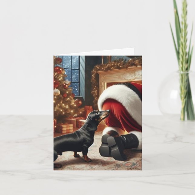 Dackel und Weihnachtsmann gefaltete Grußkarte Karte (Vorderseite)