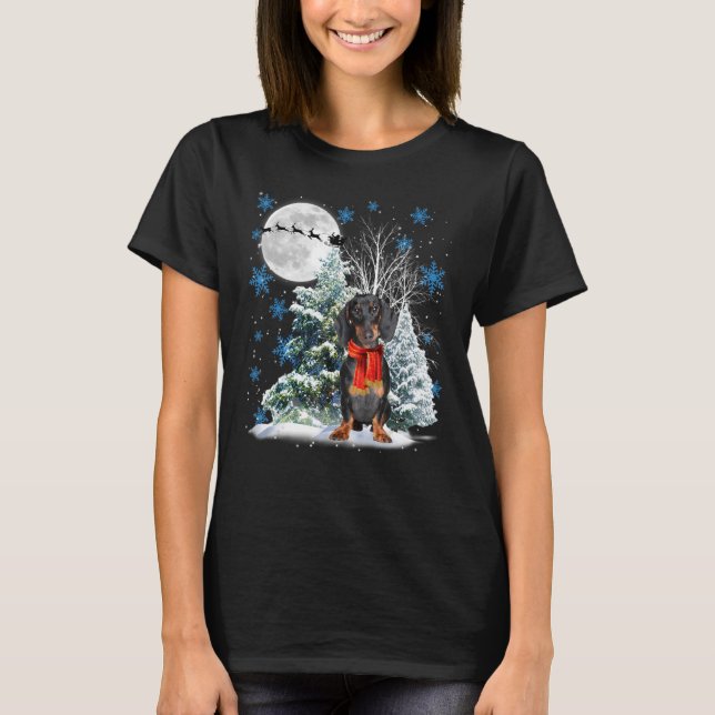 Dackel unter dem Mondlicht Schneeschauer Weihnacht T-Shirt (Vorderseite)