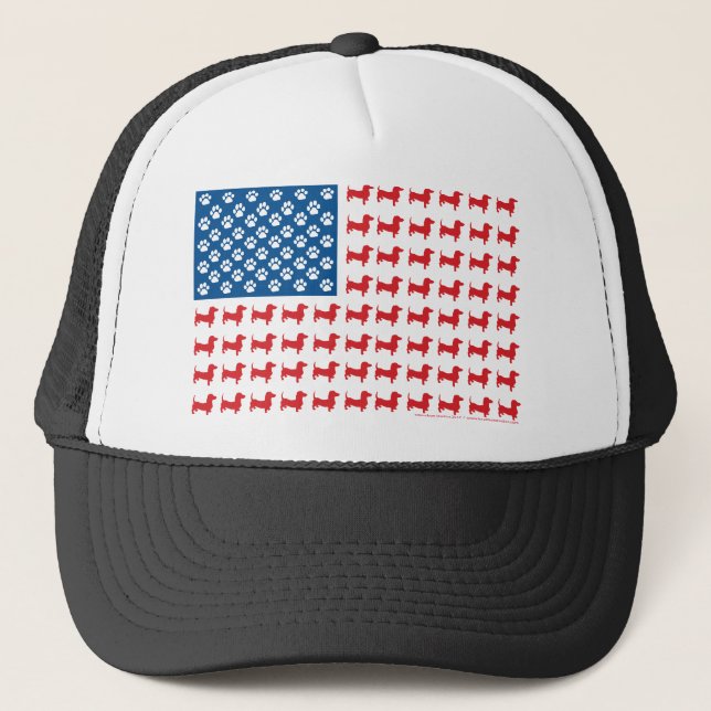 Dackel USA Patriotische Flagge Truckerkappe (Vorderseite)