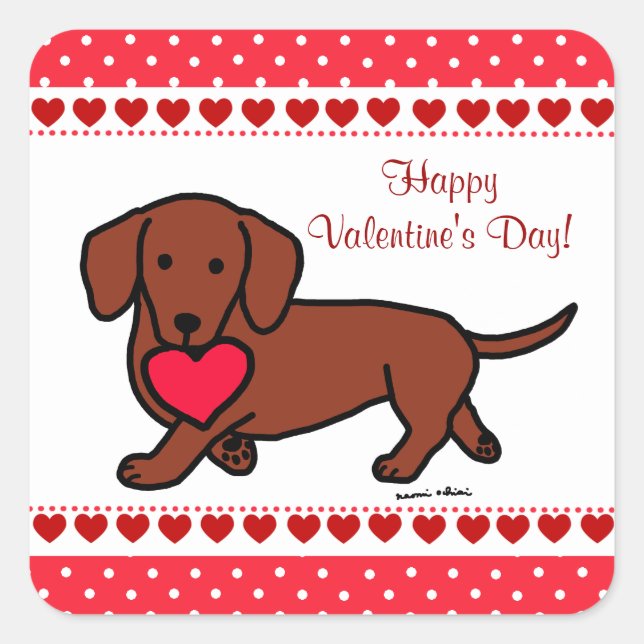 Dackel Valentine Cartoon Quadratischer Aufkleber (Vorderseite)