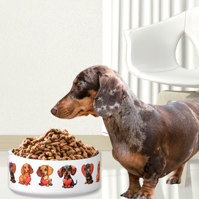 Dackel Valentine Wasserfarbe mit rotem Herzen Napf (Dachshund Valentine Watercolor with Red Heart Bowl)