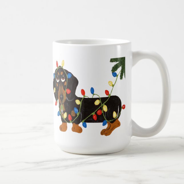 Dackel verwirrt in der Weihnachtslicht-Tasse Kaffeetasse (Rechts)
