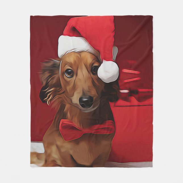 Dackel vor einem Weihnachtsgeschenk Fleecedecke (Vorderseite)