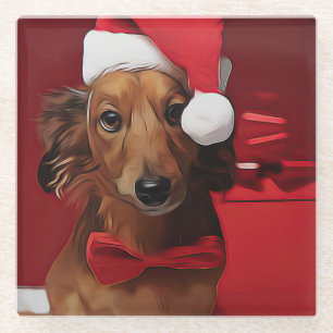 Dackel vor einem Weihnachtsgeschenk Glasuntersetzer