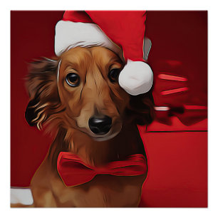Dackel vor einem Weihnachtsgeschenk Poster