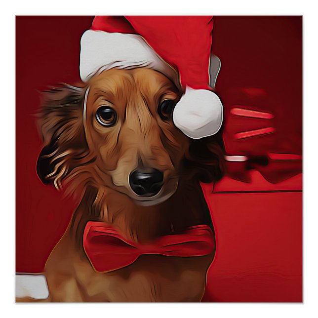 Dackel vor einem Weihnachtsgeschenk Poster (Vorderseite)