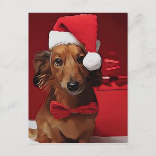 Dackel vor einem Weihnachtsgeschenk Postkarte