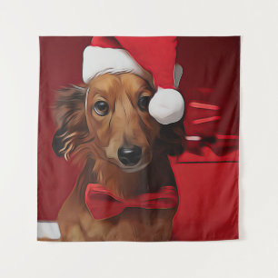 Dackel vor einem Weihnachtsgeschenk Wandteppich