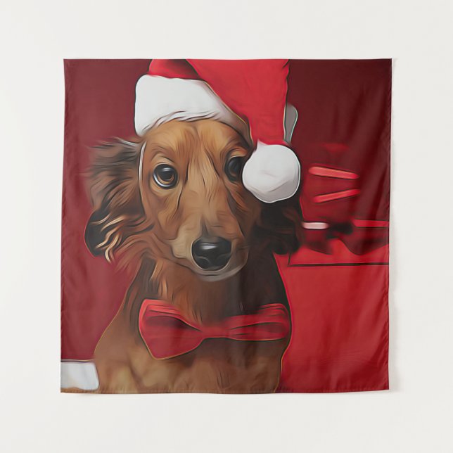 Dackel vor einem Weihnachtsgeschenk Wandteppich (Vorderseite)
