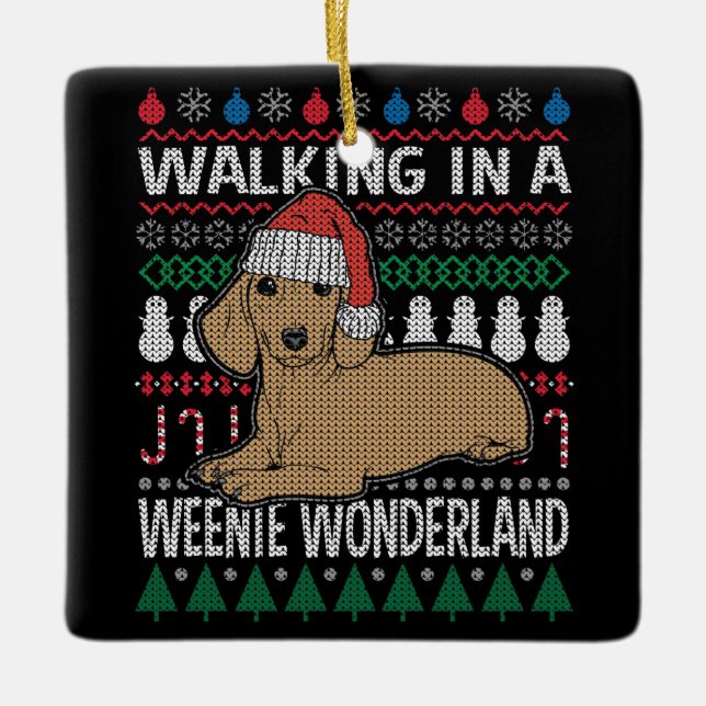 Dackel Wandern in einem Würstchen Wunderland Keramikornament (Vorderseite)