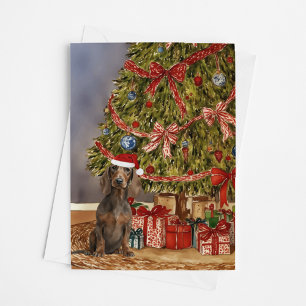 Dackel Wasserfarbe Unter dem Weihnachtsbaum Karte