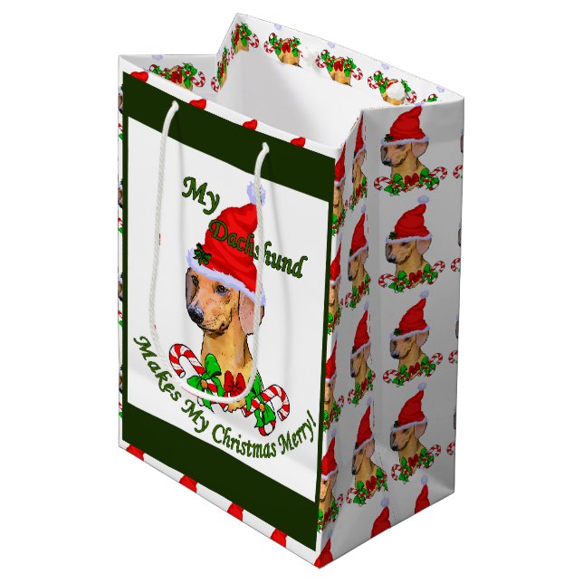 Dackel Weihnachten froh Mittlere Geschenktüte (Vorderseite Schrägansicht)