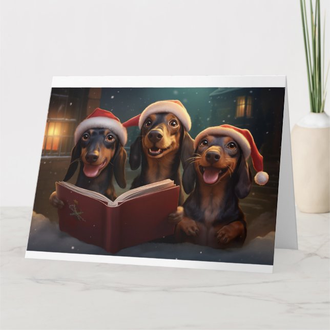 Dackel Weihnachts-Carolers Spaß Urlaub Karte (Vorderseite)