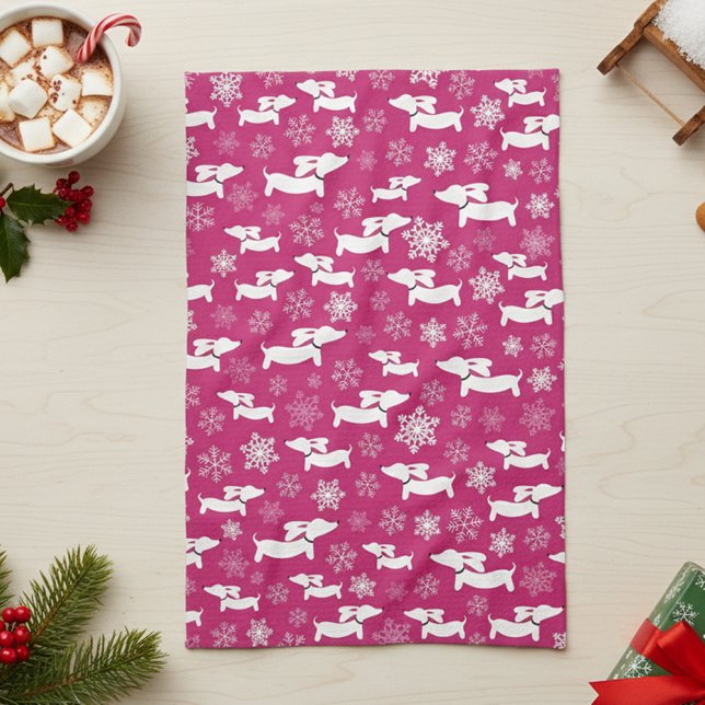 Dackel Weihnachts-Koch-Geschenk Fuchsia Geschirrtuch (Dachshund Christmas dish towel - pink)