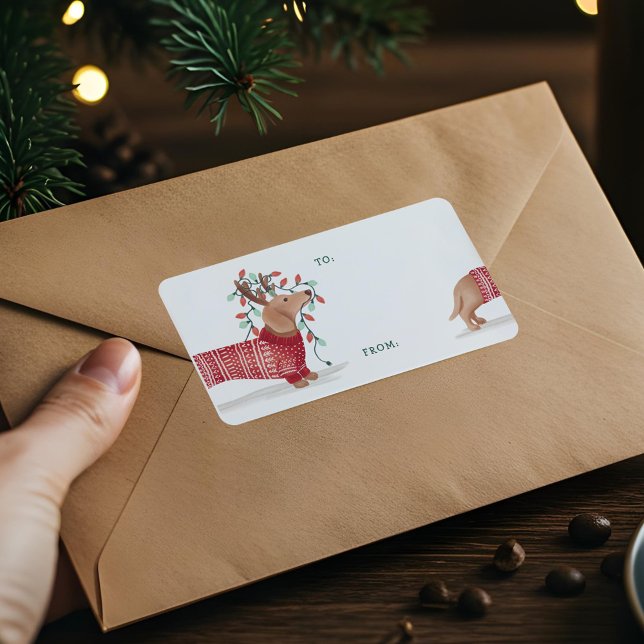 Dackel Weihnachtshund gemütlichen Pullover mit Lic Adressaufkleber (Dachshund Christmas Dog Cozy Sweater With Lights Label)