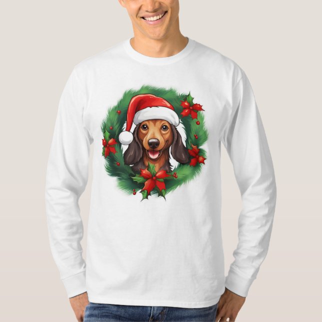 Dackel Weihnachtskranz T-Shirt (Vorderseite)