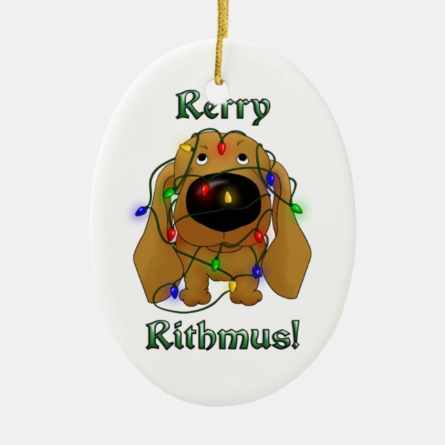 Dackel - Weihnachtslichter Keramikornament (Vorne)