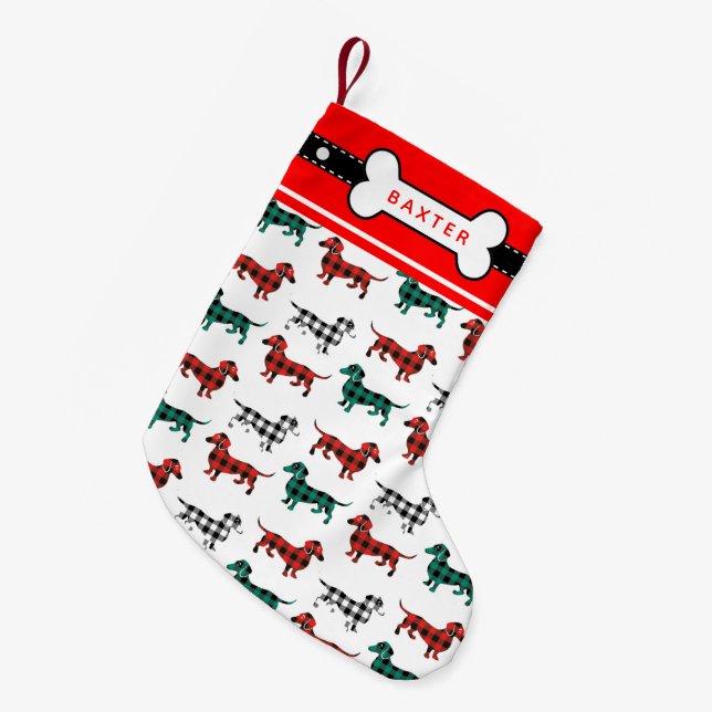 Dackel-Weihnachtsroter Flanell-karierte Dackeln Kleiner Weihnachtsstrumpf (Vorderansicht (hängend))