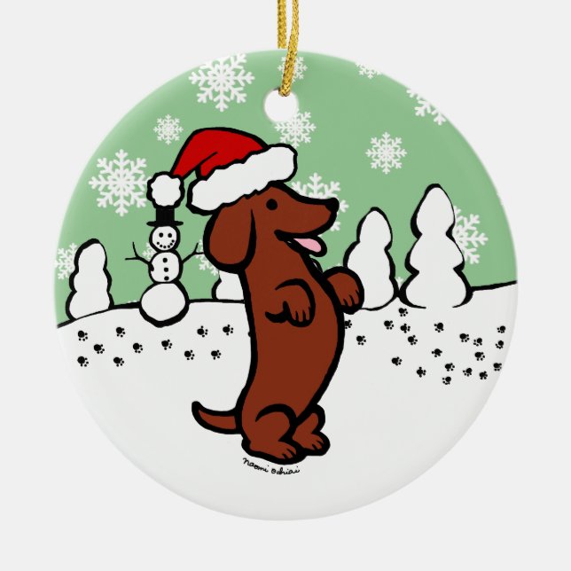 Dackel-WeihnachtsWeihnachtsmannmütze Keramikornament (Vorne)