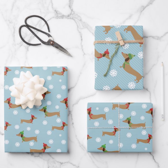 Dackel Weihnachtswrapping Paper Niedliche Schneefl Geschenkpapier Set (Vorderseite)