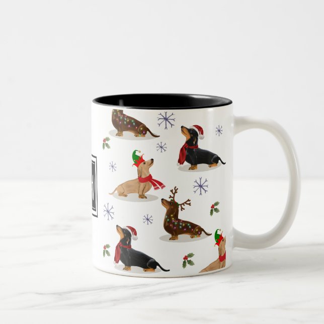Dackel Weihnachtswurst Dog Monogramm Zweifarbige Tasse (Rechts)
