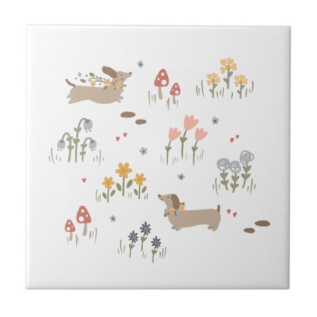 Dackel Weiner Dog liebt Wildblume Mauer Kunst Fliese (Vorderseite)