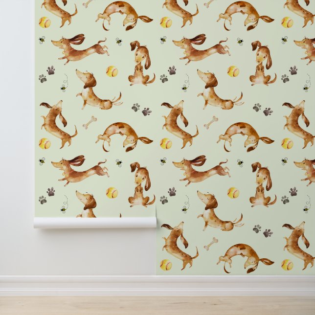 Dackel Welpe Dog Paw druckt Bumble Bee Green Tapete (Anwendung)