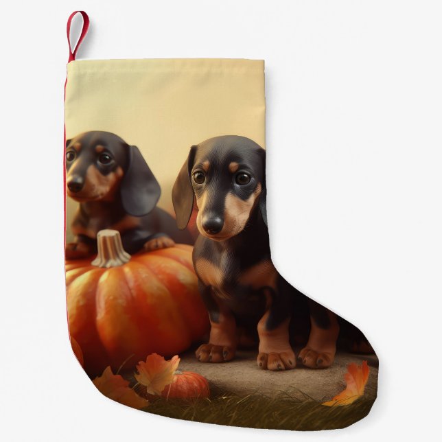 Dackel Welpe Herbst Kürbis Kleiner Weihnachtsstrumpf (Vorderseite)