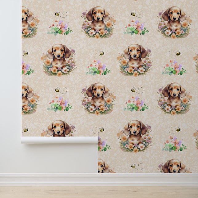 Dackel Welpe Hund Bee Floral auf Creme Tapete (Anwendung)