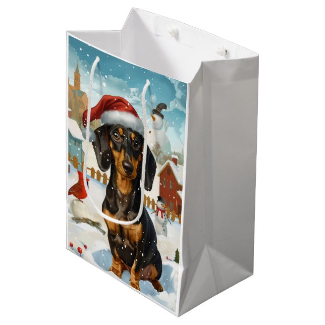 Dackel Winter Wonderland Weihnachtsfreude Mittlere Geschenktüte (Vorderseite Schrägansicht)